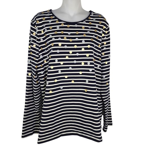 Talbots Tee Women's XL Navy Long Sleeve Crewneck Stripe Metallic Dot Gold Silver - Picture 1 of 9